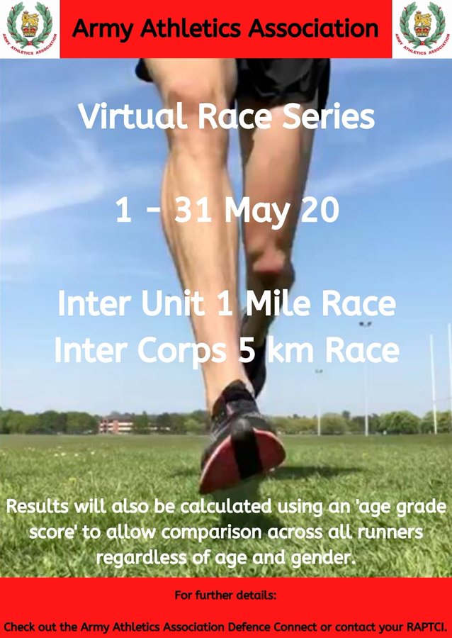 ArmySportASCB's tweet photo. Still time to enter in the Army Athletics virtual #InterCorps 5k and #InterUnit 1 mile using your social distancing exercise run by the 31st May
Gain points for the coveted Army Sports Trophy 2020 🏆
Full details for signing up at
https://t.co/z4PErVUTH6
#britisharmysport https://t.co/HyQKgOQH3C