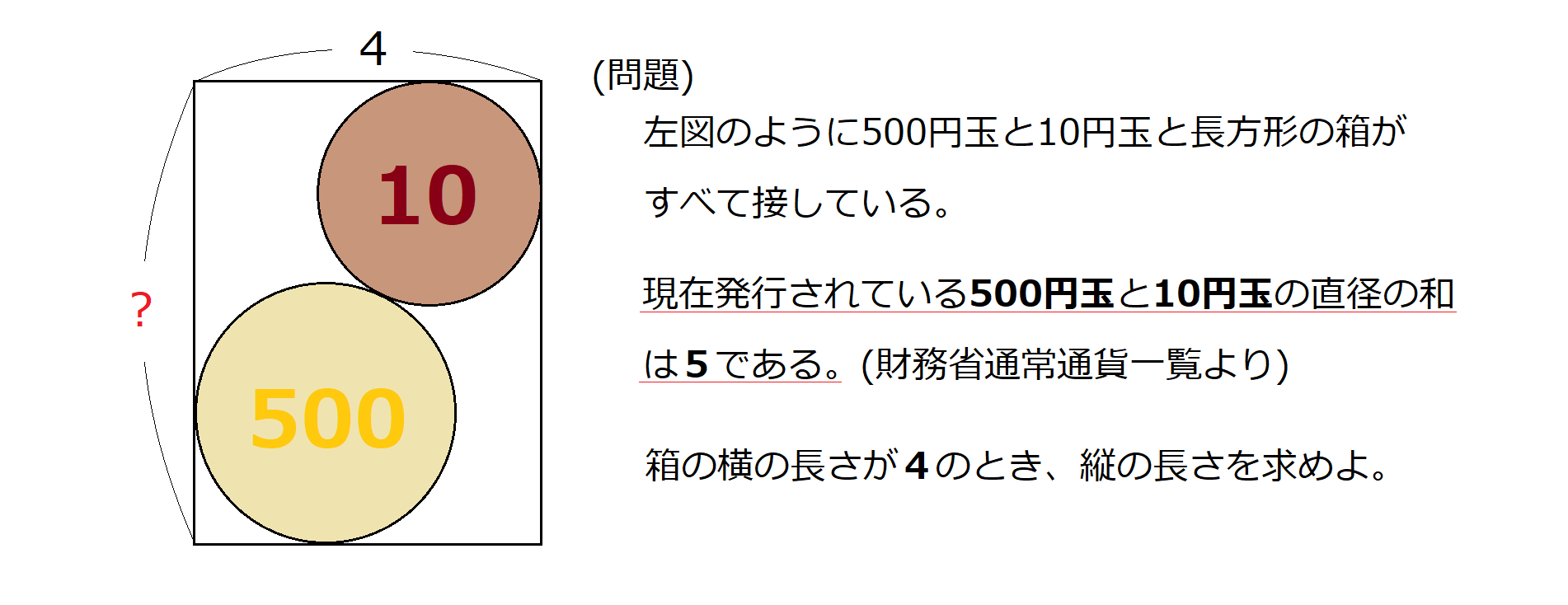 ベリースライム 数学の授業で使えるネタ 500円玉と10円玉の直径の和は5cmになっています 財務省hpより 雑学的な要素もある問題なので 良い授業のネタになると思います 問題を使いたいと思って頂けた方や答え合わせしたい方など気軽にdm下さい