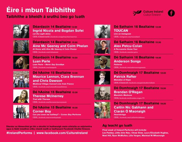 DeptCultureIRL's tweet photo. Tá sé deimhnithe ag an Aire @josephamadigan go bhfuil síneadh ama á chur le #IrelandPerforms - scéim tacaíochta arlíne d’ealaíontóirí atá á reáchtáil ag @culture_ireland i gcomharba le #FacebookIreland
120 imeacht ina iomláine a bheas sa tsraith
Eolas: https://t.co/4d1C59aI6D https://t.co/H9sFhY5Gk8