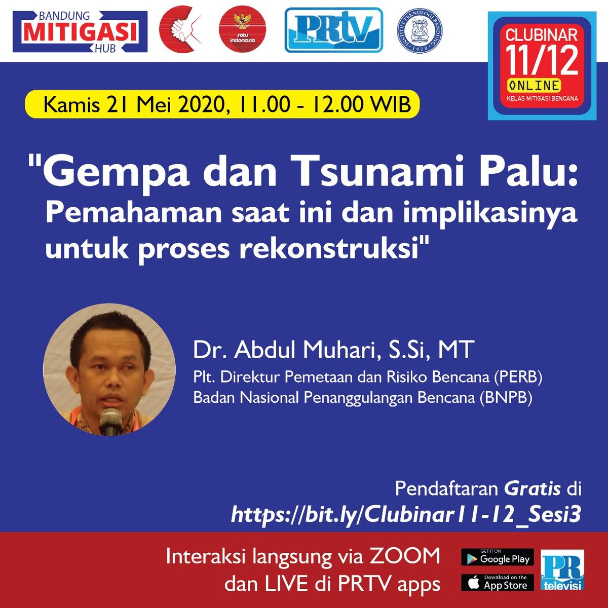 ActionBmh's tweet photo. CLUBINAR 11/12 - GRATIS UNTUK UMUM (free esertifikat)
Yuks daftar di : https://t.co/R7L7f0KdXW
Via aplikasi ZOOM  atau Live di aplikasi  PRTV (https://t.co/QKhpB99twc)
Kontak : Firman - 081932229924
#clubinar11I12 #bandungmitigasihub #prtv #covidaritas #satuindonesia #ppmbitb https://t.co/Bcj6AcAW4r