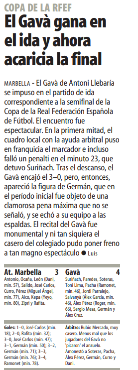 havokcfgava's tweet photo. Tal dia com avui de 2002 el #Gavà aixecava un 3-0 davant el @marbella_fc a l'anada Semis de la Copa Federació.

Marbella 3-4 Gavà 
(José Carlos -2-, Rafita / @chermingles -3- Ramonet)

Al Marbella hi jugava el juvenil @BlancoKepa, després jugador de Sevilla, Getafe ó West Ham https://t.co/FnQBz31dEF