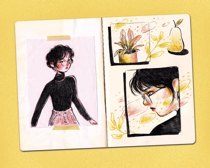 little sketchbook spread ? #artph

i don't use mi black pencils as often so just experimented a bit~ also this hairstyle,, is tempting,, 