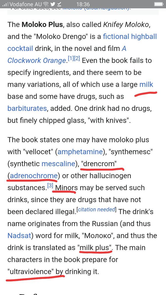 3.Just did a quick check to see if there was any connection between adrenochrome and milk. The first thing I found was a reference to a clockwork orange. Moloko plus, hmmm. Contains "drencrom". Alex drinks this to prepare for "ultraviolence". #QAnon