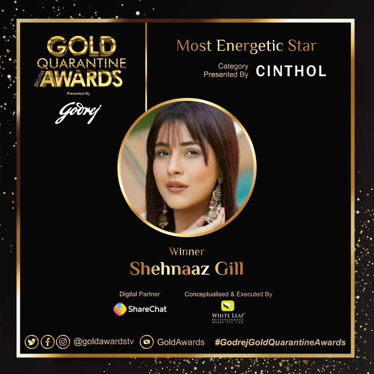 goldawardsTV's tweet photo. The winner of the #Mostenergeticstar for the #godrejgoldquarantineawards is @ishehnaaz_gill  and @Thearjunbijlani   presented by @godrejgroup @godrejlaffaire  &amp; category presented by @GodrejCinthol   Managed &amp; executed by @whiteleafent1 https://t.co/3NLpSBmgjw