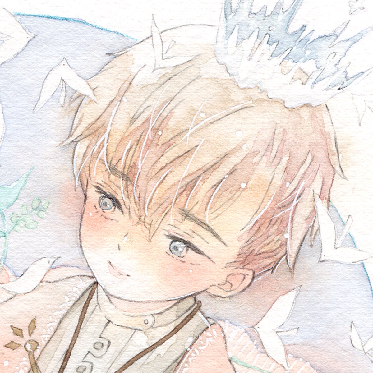 咲久亜 きらめく水彩画 華輝石展 フォロワーさんからイメージ貰って孤高の少年王キャラつくる 草の書の王 言ノ葉鳥 と 草花の生きる書 を託された幼き王様 鳥籠 魔法の本 王冠 ふわふわレースのマント すずらん 素敵なイメージモチーフを