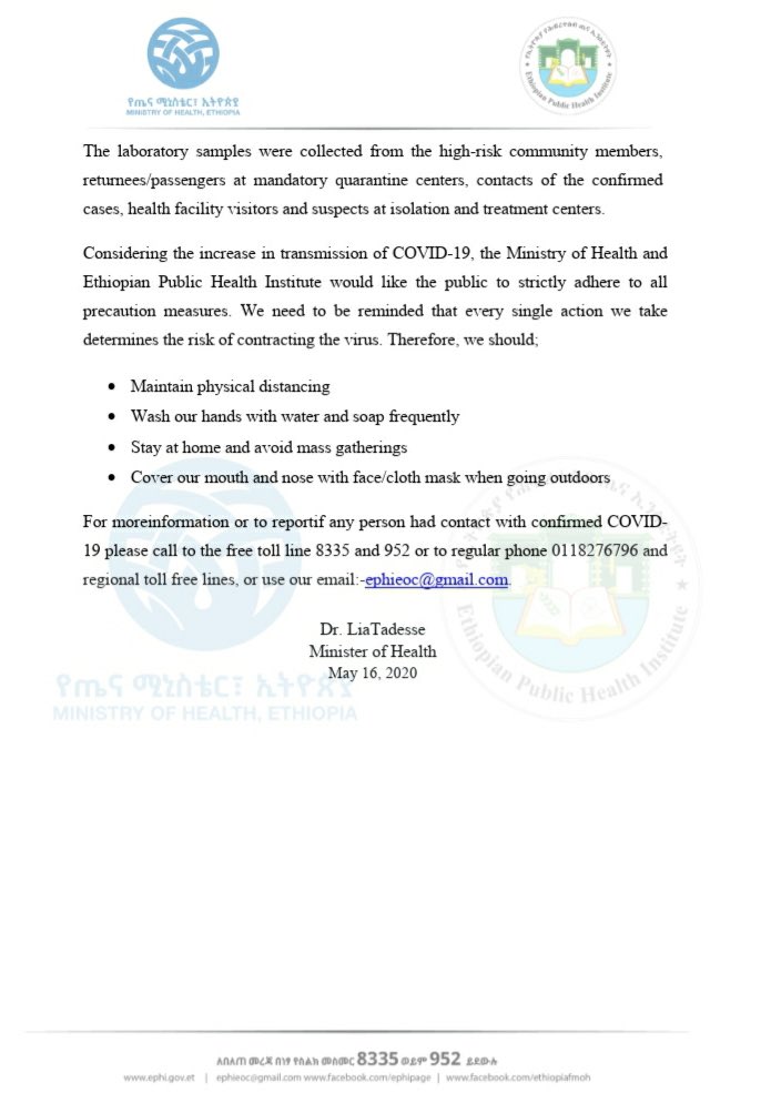 lia_tadesse's tweet image. Report #65

የኢትዮጵያ የኮሮና ቫይረስ ሁኔታ መግለጫ

Status update on #COVID19Ethiopia