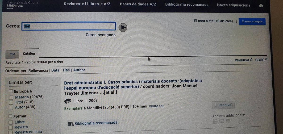 A la <a href="/UdGBiblioteca/">UdG Biblioteca, edicions i continguts</a> hi pots trobar milers de documents relacionats amb el Dret. Segons el catàleg, més de 30.000.