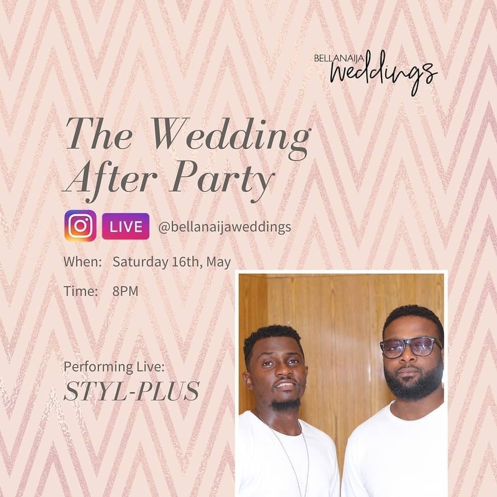 BellaNaijaWed's tweet photo. Honestly you don't want to miss tonight's Wedding After Party (Love Song Edition) with @official_stylplus.

It is going to be 🔥. So what are you going to be wearing?

Which song will you like to hear them perform? 
See you at 8pm.

#AtHomewithBN
#BellaNaijaWeddings #BellaNai… https://t.co/wtZTSIChfK