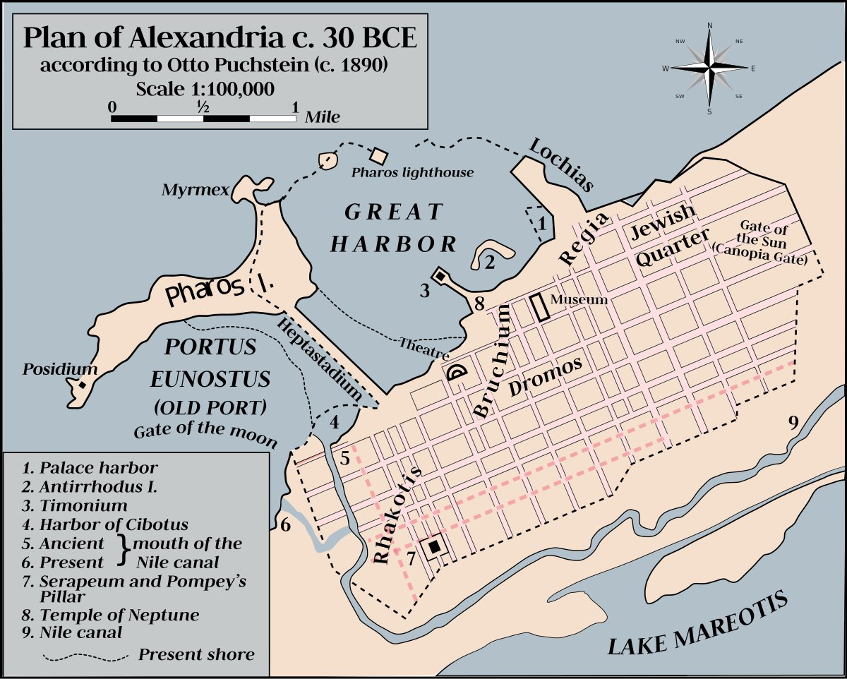 2. Alexandria's layout folowwed the Hellenistic model, with an orthogonal road network forming a regular grid.Every detail was taken into account, including a grid direction that maximised the cooling effect of the prevailing north wind during summer's heat.