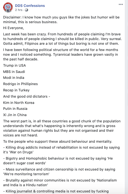 POSTSCRIPT: The admin of the DDS Confessions page has turned this mass trolling into a mass movement against Tyranny. The new name of the page will be -YOUTH AGAINST MODERN TYRANTS - YAMT https://www.facebook.com/ddsconfessions/posts/3224311504267245?__tn__=K-R