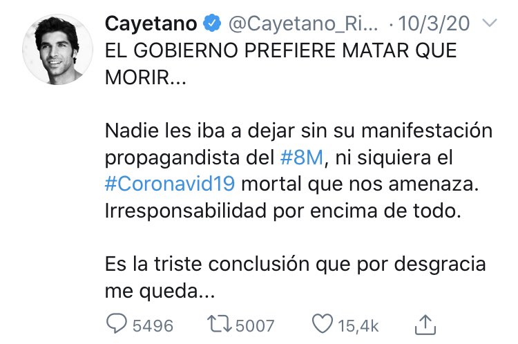 critica_ojo's tweet photo. @Cayetano_Rivera @PabloIglesias En Marzo el Gobierno prefería matar que morir. Ahora en Mayo el Gobierno es una dictadura porque no quieren que la gente se muera pues el Covid-19 mortal sigue entre nosotros. No se Cayetano, decídete. https://t.co/xzBSQekruE