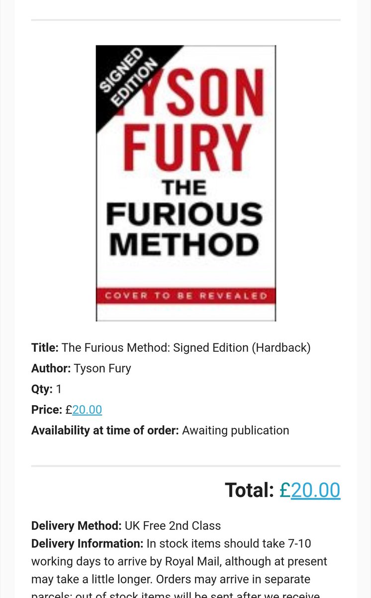 SammyBob92's tweet photo. I've just treated myself to @Tyson_Fury new book.
Tyson has always been my favourite boxer since I can remember and to have a signed copy of The Furious Method will be awesome.
I just wish I had a signed copy of Behind the Mask.
#TysonFury #TheFuriousMethod https://t.co/AYPvUJozfO