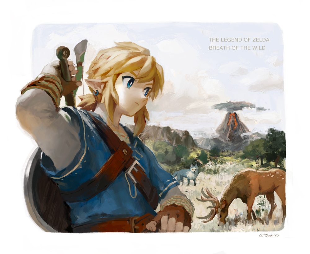 link shield weapon blonde hair 1boy pointy ears sword gloves  illustration images