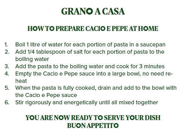 granodublin's tweet photo. @stephdeb84 Ciao Steph. We think maybe you followed the wrong instructions for the Cacio e Pepe. This sauce should not be reheated. Here are the instructions. Hope it works out better next time 😊 https://t.co/s2Z5zadTDh