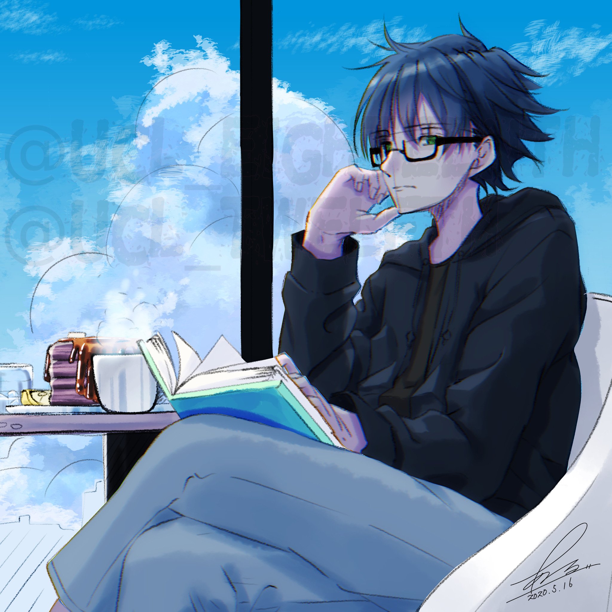 Twitter 上的 花岡かおろ 薫狼 イラスト カラーラフ描けた 変更の可能性も十分ありますが パンケーキとコーヒーを片手に本を読む男の子です イオフィエル イラスト王国 イラスト T Co 4ltxsdkhoo Twitter