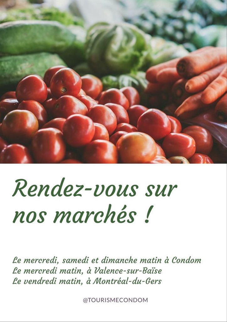 tourismecondom's tweet photo. 🧺 Nos marchés sont ouverts et vous attendent ! Fruits, légumes, fromages, conserves, viandes, ... à vous de faire le plein de saveurs 🍓🧅🍯🧀

➡️ Les producteurs comptent sur vous pour le respect des mesures barrières et règles sanitaires

#tourismecondom https://t.co/tE1wbbLFeK
