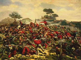 When Sforza's column sighted the opposing forces, they halted to consider their options. Despite paintings of the battle (e.g. by Legat in photo) showing Garibaldi's men in their famous & distinctive 'red shirts', at this early stage of the campaign very few used them >> 79