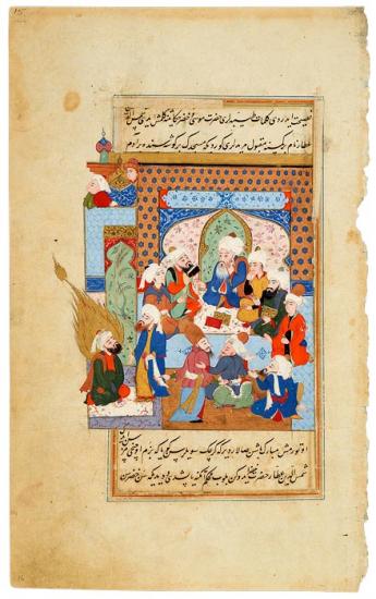 Sermon by RūmīRūmī is explaining the stories of the prophets Khiżr and Mūsā (Moses) to his followers. Shams al-Din, a druggist, notices that Khiżr, dressed in his traditional green and adorned with the flaming halo designating a prophet, is sitting near a door of the mosque.
