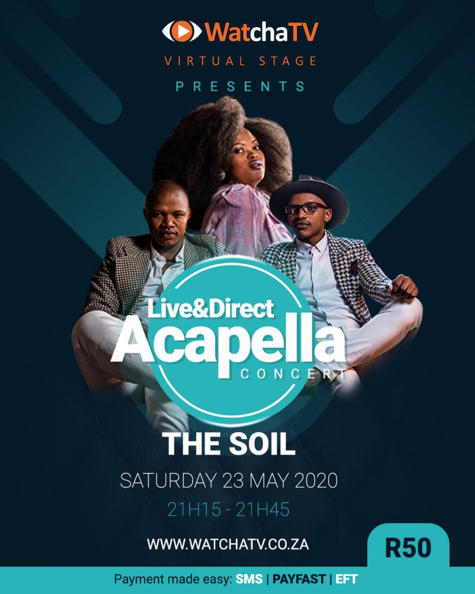 TheSoilMusic's tweet photo. VIRTUAL LIVE CONCERT ALERT 🚨.

Hi Fam🤩, catch us LIVE for only R50 on #WatchaTV at the comfort of your home. To buy your tickets, log onto https://t.co/dJU0k3TChE, register &amp; follow the easy steps OR SMS Watcha to 42030.

#StayHome
#AtHomeWithTheSoil
#TellEveryoneYouKnow https://t.co/vHA70dJXe5