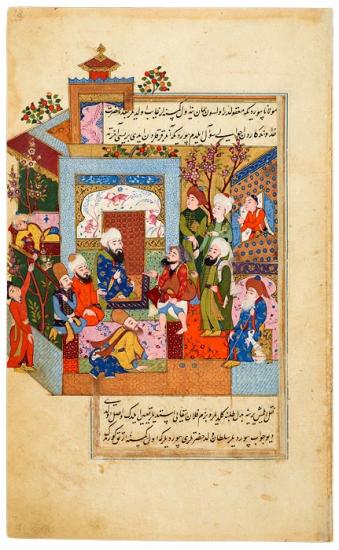 Three Saints Ask Rūmī for Permission to Take the Water Carrier of the Mevlevī Order with ThemAccording to the story, not found in Aflākī's original Persian text but added by the Turkish translator, a delegation of three saints, all dressed in green, have come to visit Rūmī.