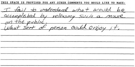 Reaction cards from a VIDEODROME test screening: