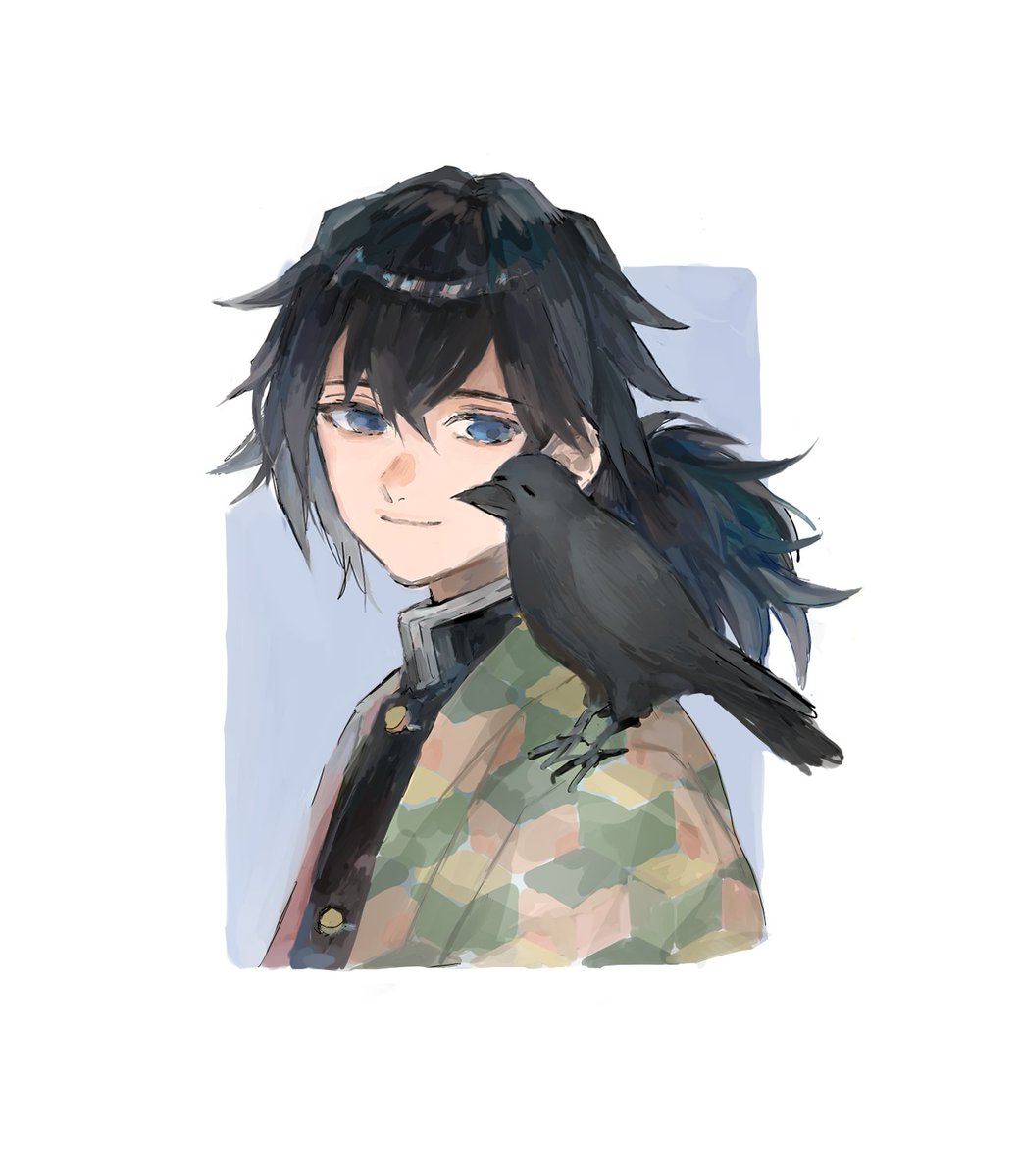 tomioka giyuu 1boy male focus demon slayer uniform black hair bird on shoulder bird blue eyes  illustration images