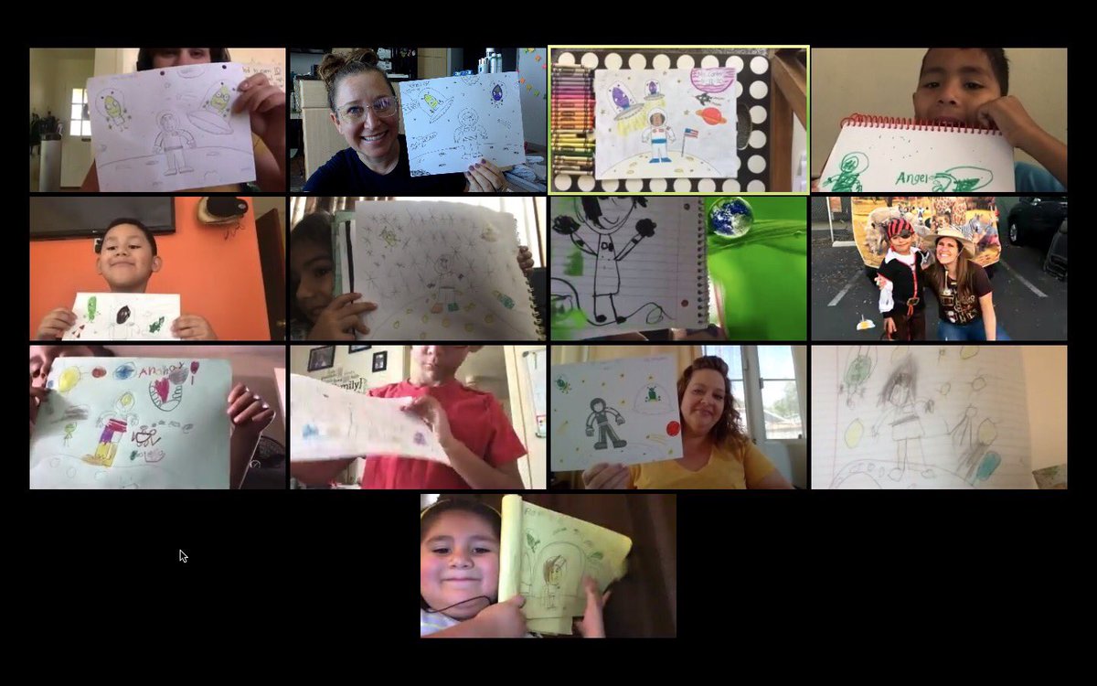 TeacheraGoGo's tweet photo. Inspired by #DUSDDayofDesign I taught some of my classes how to draw a space scene this week. So cute 👩‍🚀🌕🧑‍🚀 #Zoomteaching #directeddrawing https://t.co/KczgJ1SEZp