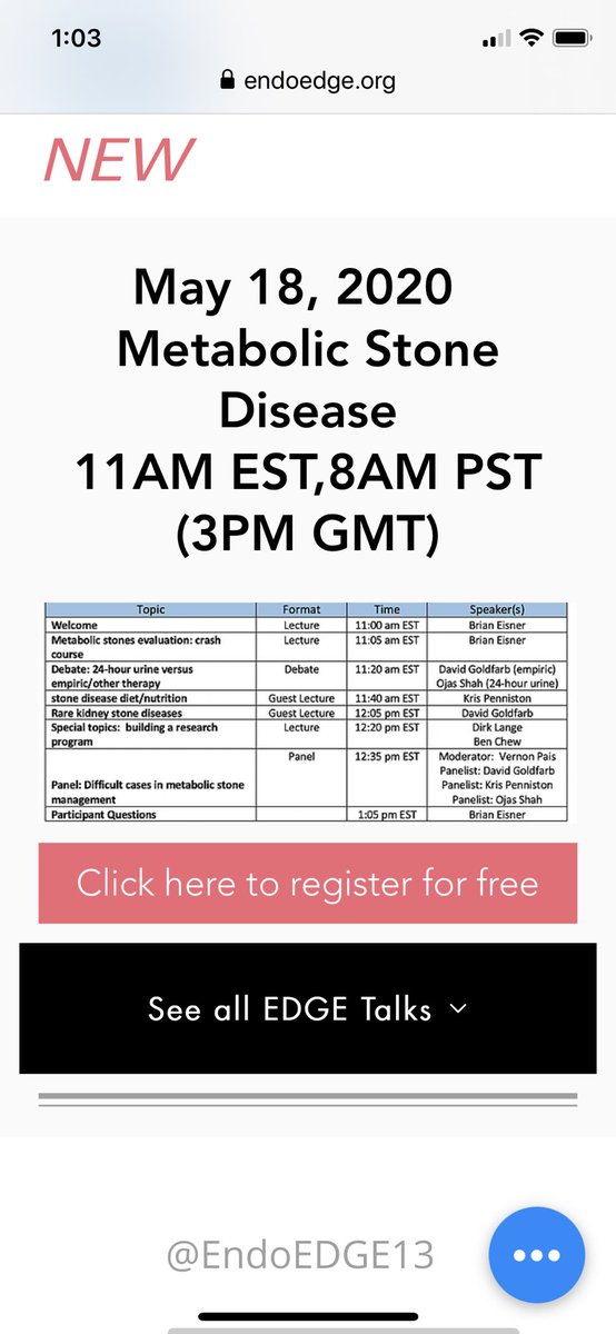 Join us for the final installment of #EDGEtalks - metabolic stone dz. @weddellite <a href="/vpstonefree/">Vernon Pais</a> <a href="/BEkidneystone/">Brian Eisner</a> <a href="/DLangePhD/">Dirk Lange</a> <a href="/DrBenChew/">Dr. Ben Chew</a> <a href="/shah_ojas/">Ojas Shah</a> - Monday May 18