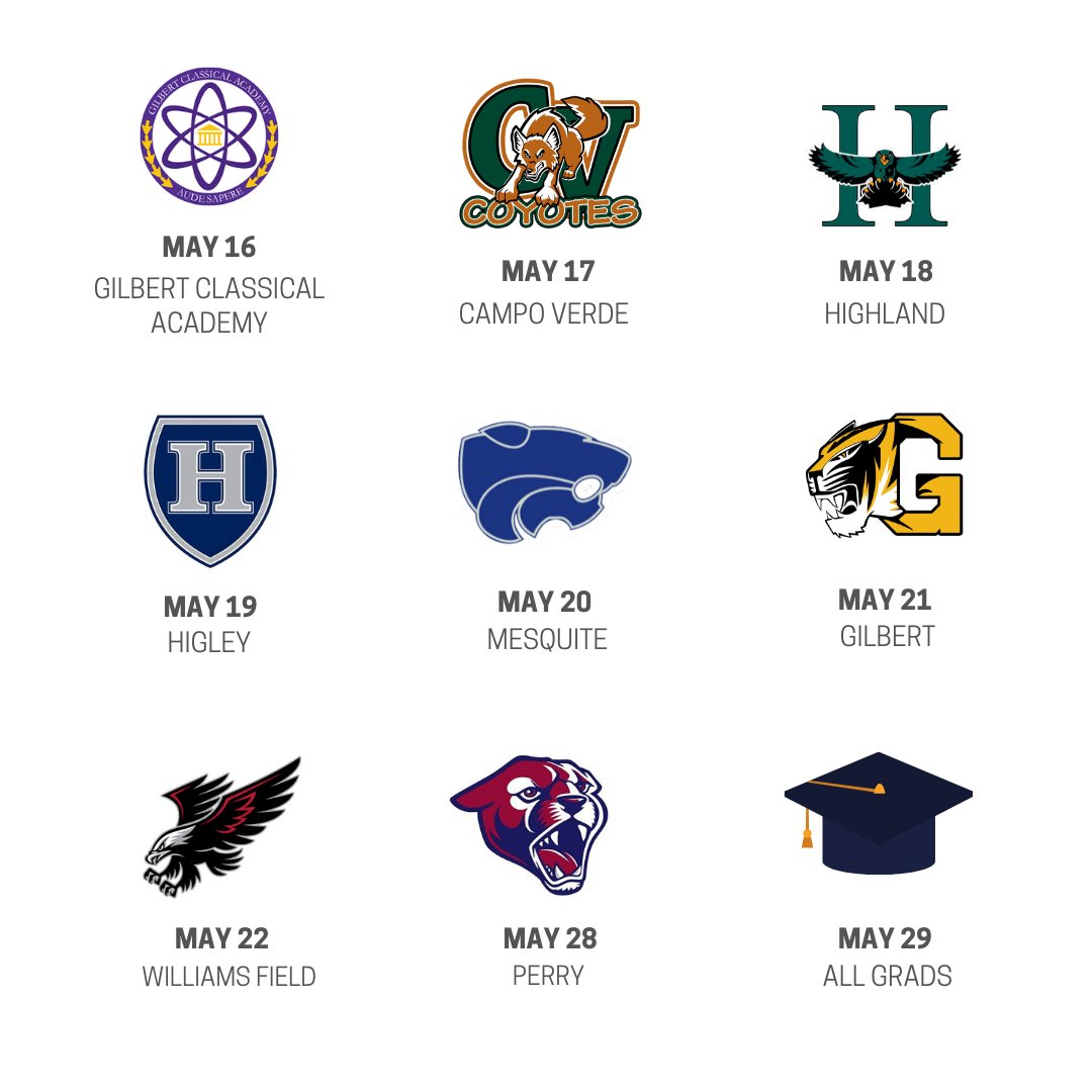 #LightUpGilbert for the Class of 2020 starts tonight!✨

The Gilbert Water Tower will be lit each night on the dates below to celebrate our Gilbert graduates.

Congratulations, #ClassOf2020!🎓