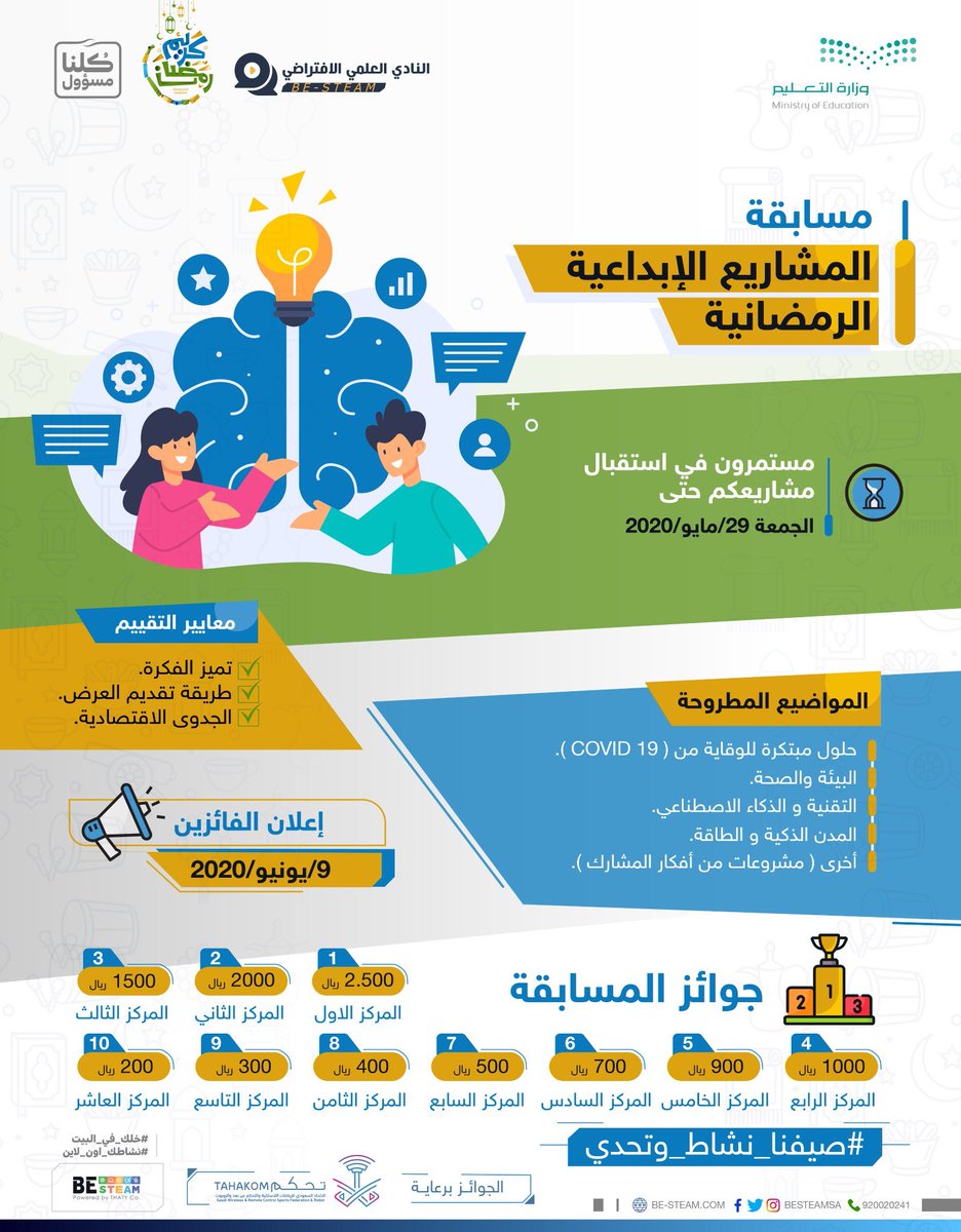 انطلاق مسابقة المشاريع الإبداعية الرمضانية 
مسابقتنا تعتمد على ابداعاتكم وافكاركم المذهلة
تعرفوا على شروط المسابقة وآلية رفع المشاريع من الرابط:
be-steam.com/student/scorms