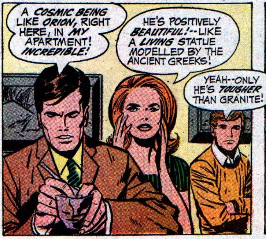 Kirby’s Motherbox is basically a non-evil smart phone 40 years early, and much like our smart phones, Orion uses it primarily to look hotter than he really is to strangers