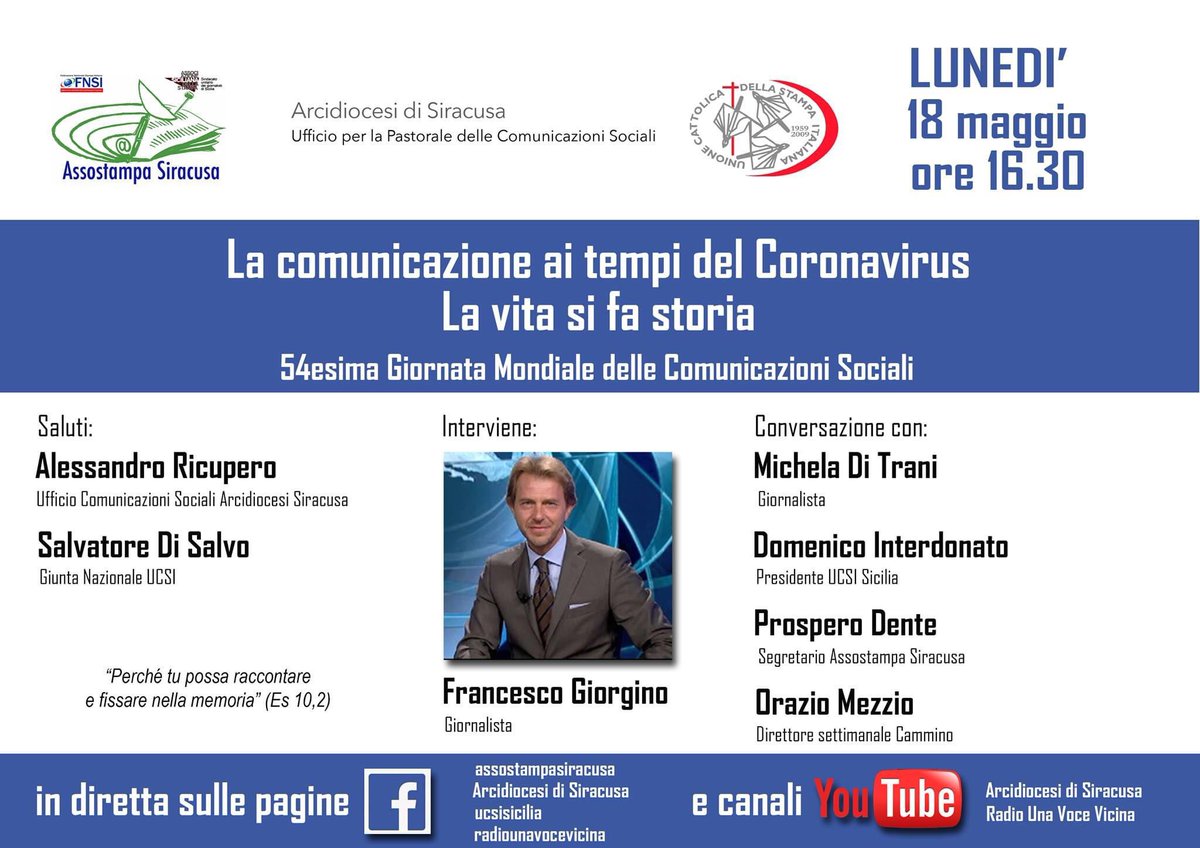 Archi061164's tweet photo. La comunicazione ai tempi del Coronavirus. La vita si fa storia...lunedì #savethedate @Assostampa @UcsiSocial https://t.co/2oyhs9xuO0