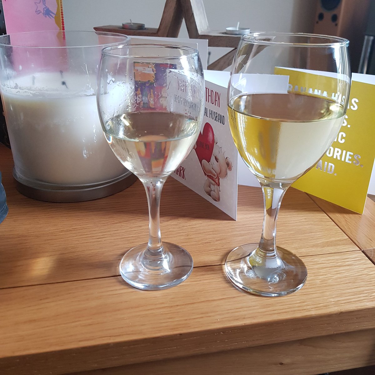 Mrs T is complaining about unfair measures (her glass left, mine right) - can't see the problem myself...