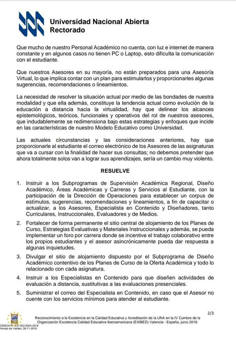 UNA_VE's tweet photo. Estimada comunidad. Les transmitimos la Resolución Rectoral N° 27 
#EstudiosADistancia 
#QuedateEnCasa 
#UniversidadNacionalAbierta https://t.co/TUfh8hivEL