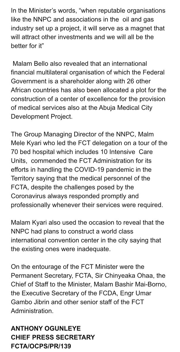 OfficialFCTA's tweet photo. PRESS RELEASE
#COVID19: NNPC SUPPORTS FCT WITH 70-BED HOSPITAL

The Federal Capital Territory will receive a boost in its fight against the COVID-19 pandemic when the 70 bed @NNPCGroup hospital at Utako District of the City, currently under renovation is completed and put to use. https://t.co/igToMxzUP7