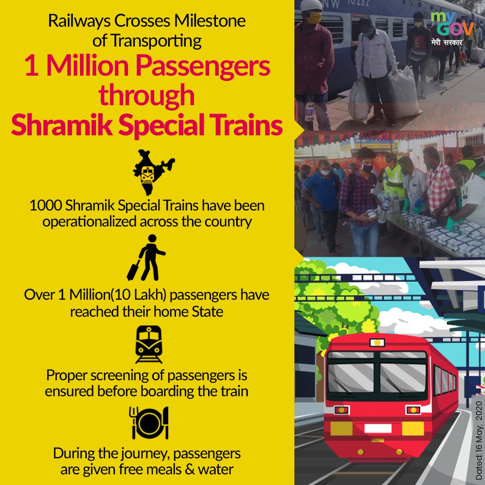 mygovindia's tweet photo. Shramik Special Trains come as a boon for citizens stuck away from their respective homes amid the COVID-19 crisis. #IndiaFightsCorona https://t.co/X4MQ9ECceA
