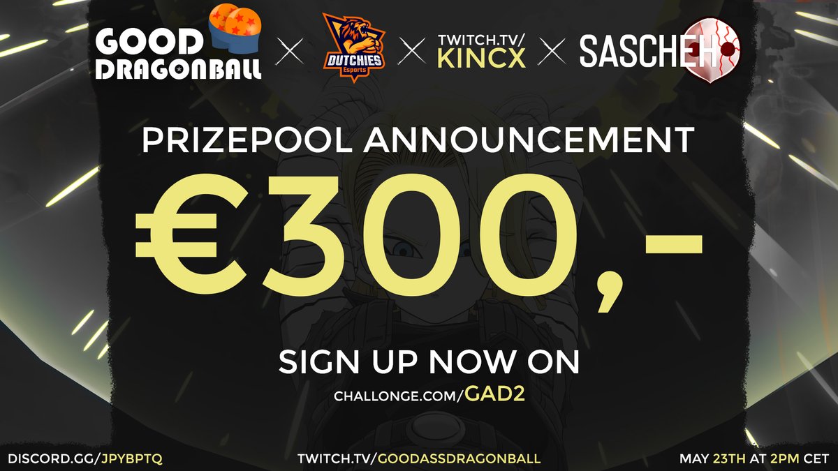 GoodAssDB's tweet image. NEW PRIZEPOOL!!! #GoodAssDragonball 2 will have a 300 euro prizepool!

1st place: 110
2nd place: 70
3rd place: 40
4th place: 20
5th-8th place: 10

There will be €20,- reserved for upsets! If you beat one of the previous GAD top 4 players you will earn a percentage*!

(1/3)