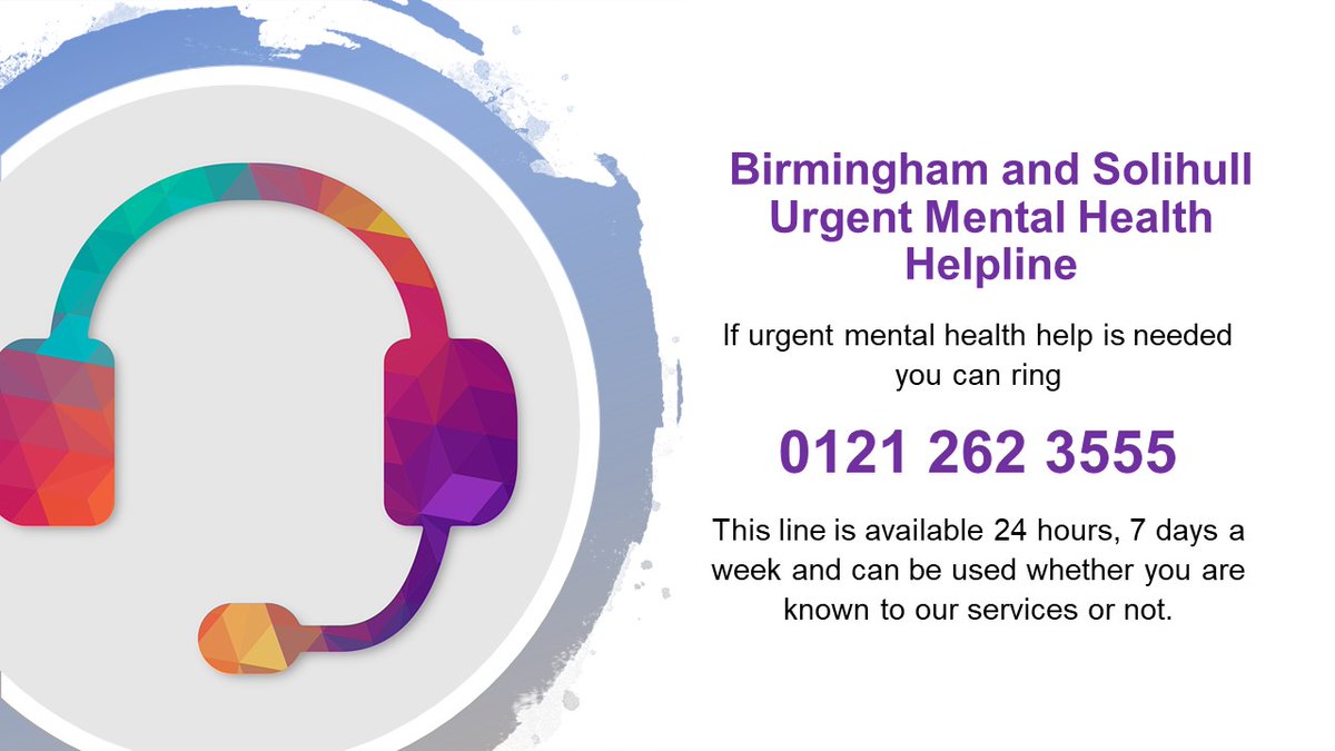 bsmhft's tweet photo. Birmingham and Solihull Urgent Mental Health Helpline
If urgent mental health help is needed you can ring 0121 262 3555 for advice and support.

This line is available 24 hours, 7 days a week and can be used whether you are known to our services or not. https://t.co/0KS4JW4n4d