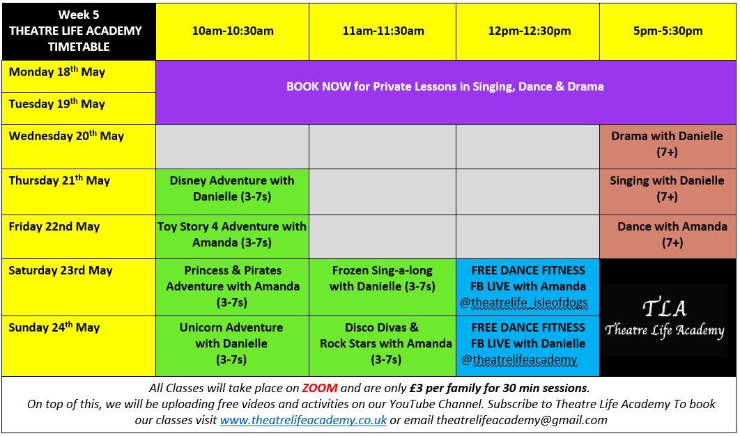 *WEEK 5 ZOOM TIMETABLE ANNOUNCEMENT*

✅DISNEY 
✅FROZEN 
✅ZOOM PARTIES
✅SING, DANCE &amp; DRAMA 
✅ PRIVATE Lessons 
✅FB LIVES 
✅ADVENTURES &amp; LOADS MORE!

youtu.be/kXWgCuaNUe0

To book a class visit theatrelifeacademy.co.uk #zoom #sing #dance #act #lockdownactivities #drama