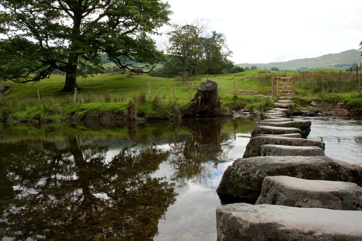 GrasmereJournal's tweet photo. Could not cross the water, so I went round by the stepping-stones. . . . Rydale was very beautiful, with spear-shaped streaks of polished steel. . . . Grasmere very solemn in the last glimpse. [img: stones between Rydal and Ambleside] https://t.co/WkvwiIptwa