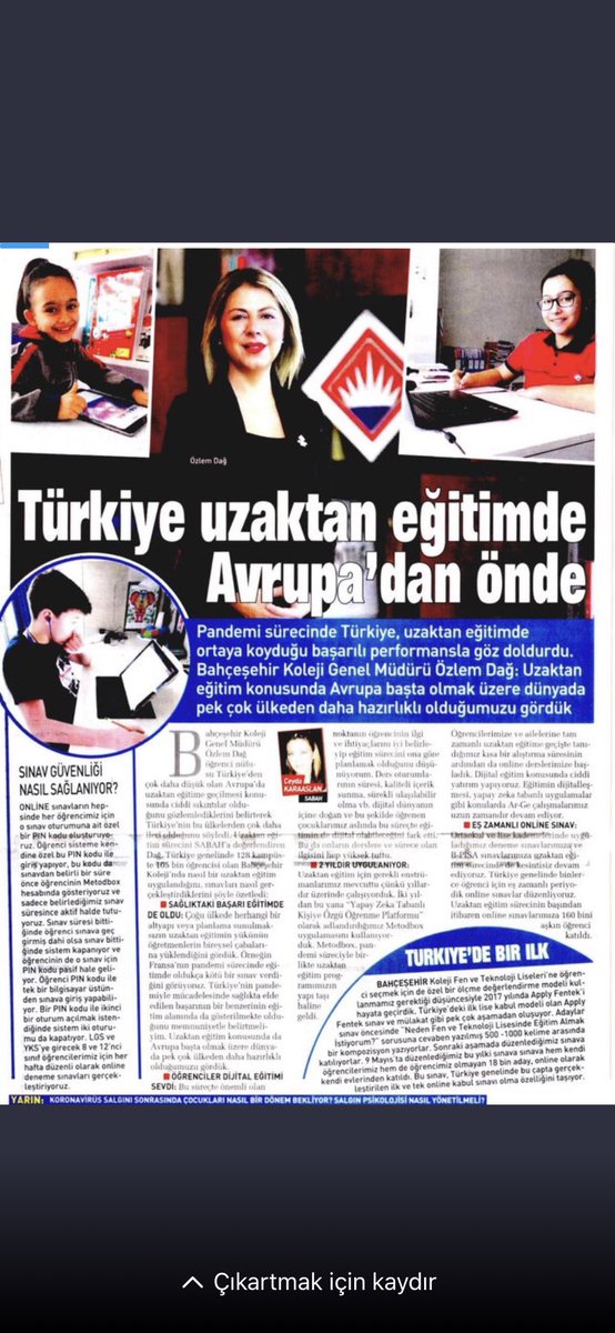 Bahçeşehir Koleji Genel Müd.
Sn.. Özlem DAĞ: Uzaktan Eğitinde Avrupa’nın en iyisiyiz..