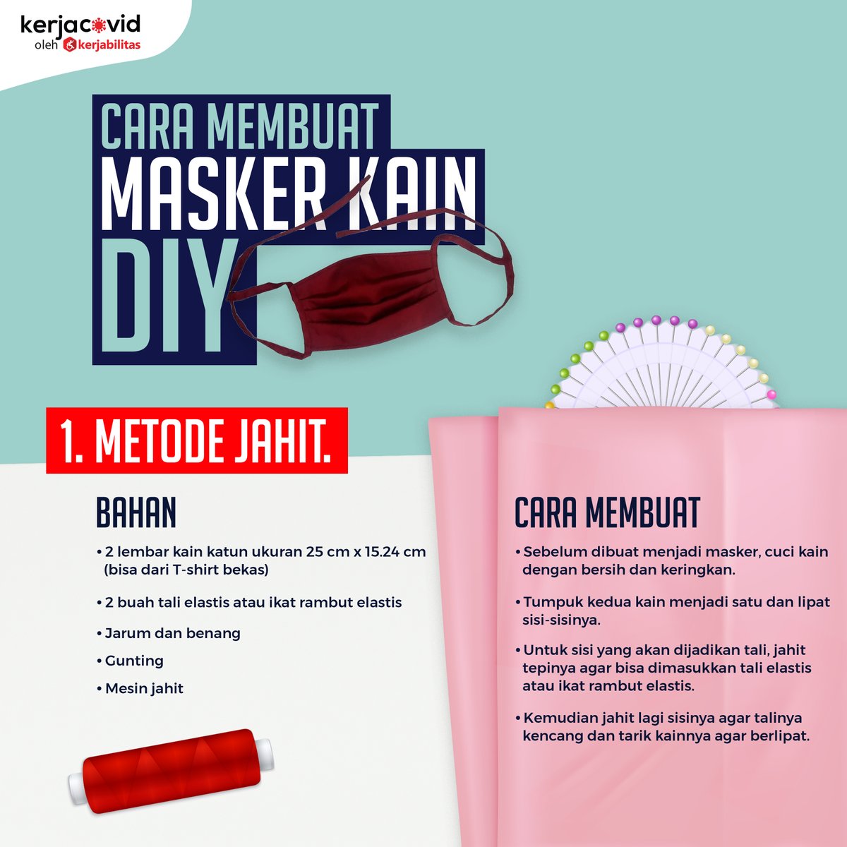 kerjabilitas's tweet photo. Bingung besok hari Minggu mau ngapain?
Coba buat masker sendiri dari kaos yang udah ga dipake yuk!
Gampang banget caranya, ada yg perlu dijahit dan langsungan aja. Tinggal siapin kain, gunting, jarum, tali elastis, dll.
Cekidot grafis ini ya! #maskerDIY https://t.co/vP3PTOdpcR