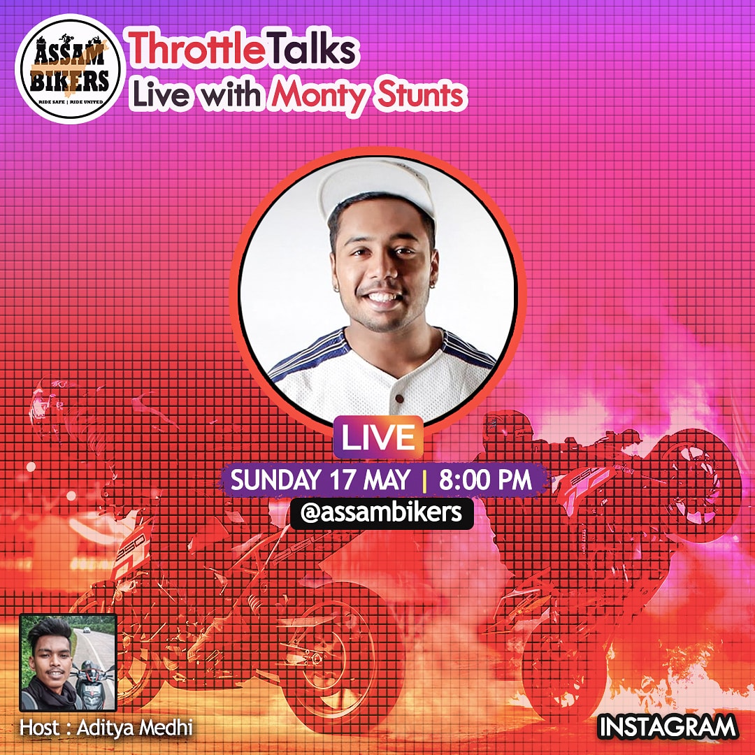 AssamBikers's tweet photo. So here we are with the second episode of #ThrottleTalks and this time in conversation with @Montystunts about Stunt Riding and more.
Time : Sunday @ 8PM
#AssamBikers #TeamEverlast #TigerPride https://t.co/jfegxpCeVj
