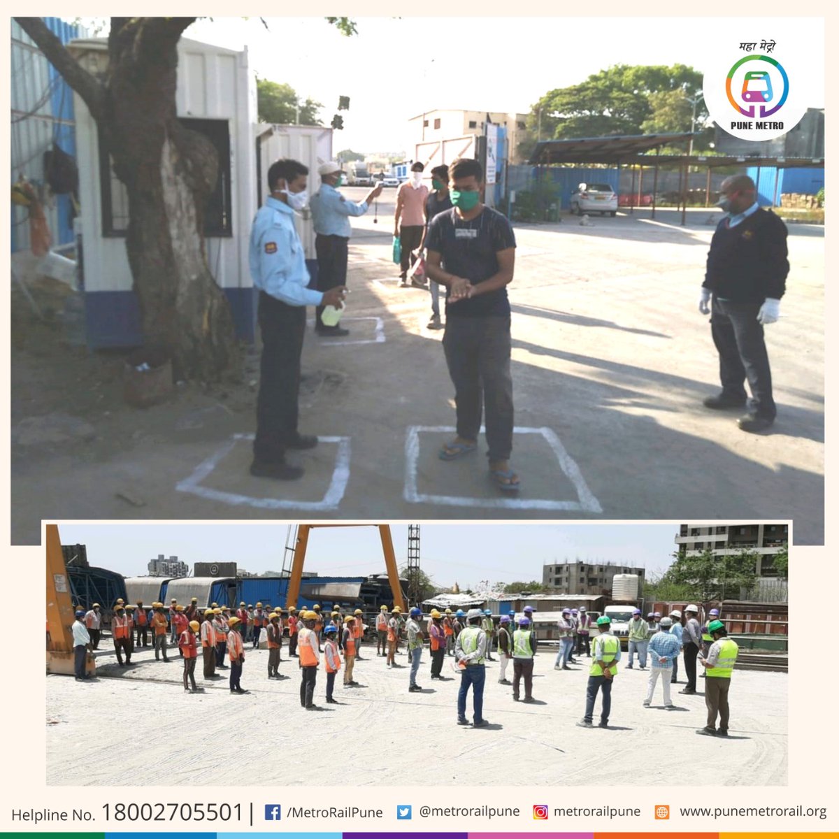 metrorailpune's tweet photo. #कोरोना विषाणूचा प्रसार कमी करण्यासाठी व स्वतःच्या रक्षणासाठी #पुणेमेट्रो चे सर्व कामगार व मजूर सामाजिक अंतराच्या नियमाचे पालन करीत आहेत. सोबत शासनाने जाहीर केलेल्या सर्व मार्गदर्श��� तत्त्वांचे अनुसर�� करीत आहे. 

#IndiaFightsCOVID19 https://t.co/RV7IgJTxCk