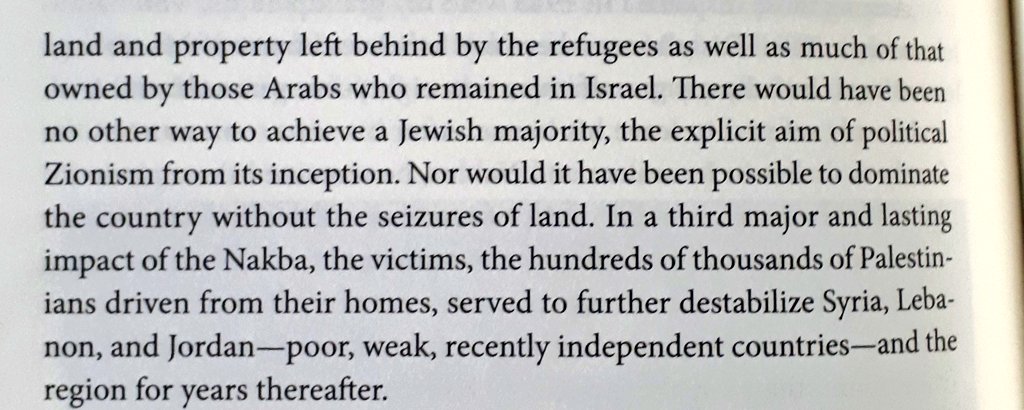 "the systemic ethnic cleansing of the Arab-inherited areas of the country seized during the war; and the theft of Palestinian land and property left behind by refugees ... there would have been no other way to achieve a Jewish majority, the explicit aim of political Zionism"