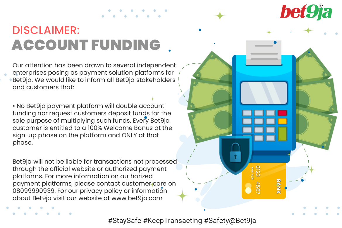 Bet9jaOfficial's tweet photo. DISCLAIMER: ACCOUNT FUNDING
For more information on authorized payment platforms, please contact customer care on 08099990939. For our privacy policy or information about Bet9ja visit our website at https://t.co/Y1HbvLoTdU
#StaySafe #KeepTransacting #Safety@Bet9ja https://t.co/xWSAt7o5kU