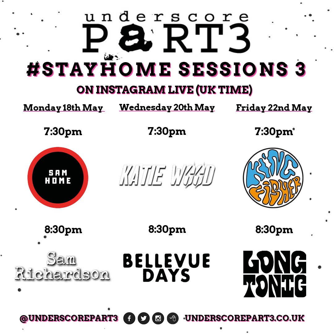 underscorepart3's tweet photo. Next weeks #Stayhome Sessions are looking amazing! Make sure you are locked in Monday from 7:30pm to catch the sessions from our amazing acts! @officialsamhome @katie_wouldnt @bellevuedays @LongTonicBand King Fisher @_samrichardson_ https://t.co/LeX7NcNM5n