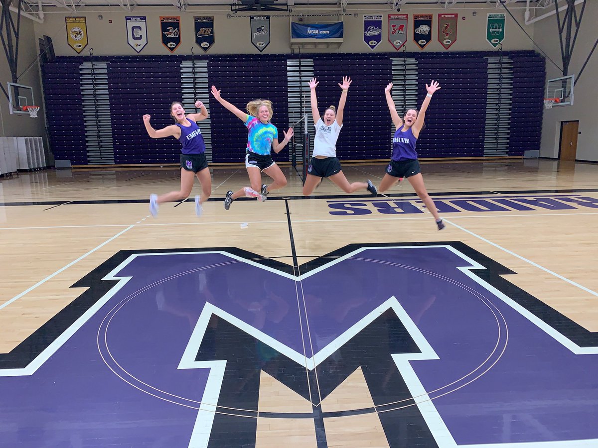 UMUVB's tweet photo. “Don’t cry because it’s over; smile because it happened.” 

Today we should be celebrating the Mount Union class of 2020.  While it isn’t the type of celebration we’d hoped for, we still celebrate you. Go do big things Marlee, Beth, Carly, and Meg! 💜🏐🎓 https://t.co/PVLL2PzXqj