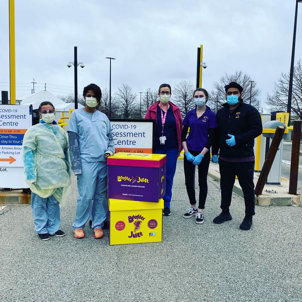boosterjuice's tweet photo. Franchise Partner Jevil, made a delivery to front line employees at Trafalgar Oakville Hospital, a COVID-19 testing facility and Trillium Hospital in Mississauga, as well as the local Police station last week. The team gave out over 160 smoothies - way to go #TeamBoosterJuice 💜 https://t.co/vv4Bg3aCBX