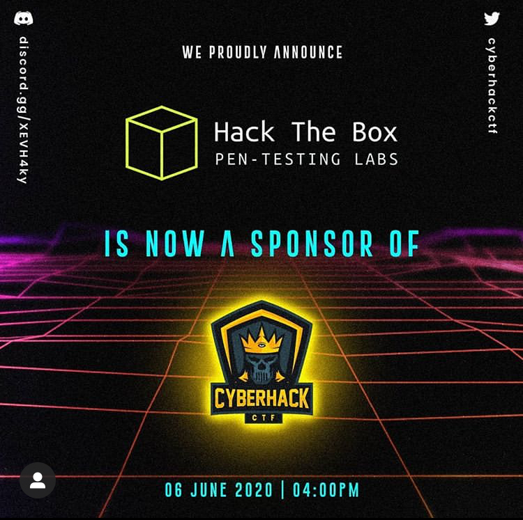 cyberhackctf's tweet image. We are proud to have @hackthebox_eu as one of our sponsors in CyberHackCTF 2020!
This is gonna be crazy fun for everyone out there😊😋 Stay tuned for more updates🔥🔥🔥 Join cyberhack.tech